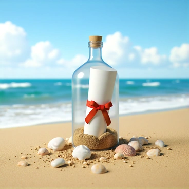 A diploma rolled up tightly and secured with a ribbon, placed inside a clear glass bottle. The bottle is partially buried in soft, golden sand, with tiny grains visible on its surface. Surrounding the bottle are scattered seashells and smooth pebbles of various sizes. In the background, gentle waves lap at the shore, creating a sparkling effect on the water under the sunlight. The sky is bright blue, dotted with fluffy white clouds, creating a cheerful and inviting atmosphere.