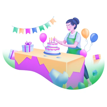 A modern pastel illustration depicting an event planner arranging a colorful birthday party. The scene features a large table covered with a festive tablecloth. On the table, there is a beautifully decorated birthday cake with vibrant frosting and candles. Surrounding the table are clusters of balloons in various colors, including pink, blue, and yellow. The event planner, a smiling individual wearing an apron, is adjusting the placement of the balloons and setting up party decorations. In the background, there are cheerful party banners and a few wrapped gift boxes.