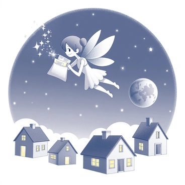A small fairy with delicate wings is flying through a starry night sky. She carries a small pouch filled with letters in one hand and a magic wand in the other. Below her, scattered houses represent different countries, each with a chimney and a warm glow from the windows. The fairy is sprinkling a trail of sparkling dust as she makes her way to a child's bedroom. In the distance, a globe is partially visible, symbolizing her journey around the world.