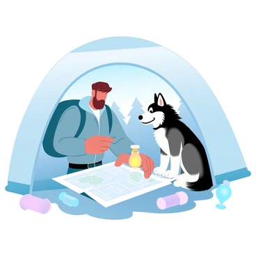 An explorer with a rugged jacket is sitting inside a tent, closely examining a large map spread out on the ground. The explorer has a backpack resting beside them and is holding a compass in one hand. Next to the explorer is a husky with a thick fur coat, sitting attentively, its ears perked up. The inside of the tent is illuminated by a small lantern casting a warm glow. Camping gear is scattered around, including a sleeping bag and a water bottle. Outside the tent, the silhouette of tall trees can be seen in the background.