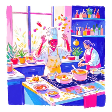 A chef with a bright red face is in the midst of a busy kitchen. He has a tall white chef's hat and a white coat stained with splashes of various sauces. His arms are raised as he tosses colorful ingredients into the air, including chunks of vegetables and pieces of meat. Behind him, pots are boiling on the stove, and a kitchen assistant is hurriedly chopping herbs. The walls of the kitchen are lined with shelves filled with spices and cooking utensils. A large window lets in natural light, illuminating the bustling scene.