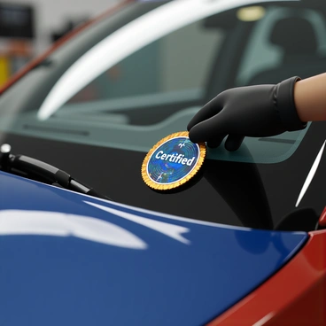 A close-up view of a hand applying a "certification sticker" to the lower corner of a car's windshield. The sticker is vibrant with a holographic finish, displaying a prominent "certified" emblem in the center. The car's windshield is clean and shiny, reflecting the surroundings. In the background, there is a blurred garage setting, suggesting a recent inspection. The hand is wearing a black glove, indicating a professional procedure. The scene captures the action of sealing the sticker firmly onto the glass, emphasizing the importance of the certification.