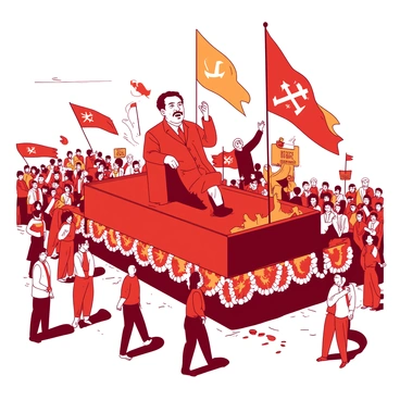 A red parade is showcasing a large float dedicated to a notorious revolutionary figure, prominently featuring a striking portrait of the figure at the front. Surrounding the float, people are waving orange flags decorated with symbols representing the revolutionary cause. The streets are bustling with a diverse crowd, all wearing festive attire with elements of both red and orange. Colorful decorations adorn the edges of the float, including streamers and flowers, creating a lively atmosphere. The sky is bright, adding to the energetic mood of the celebration.