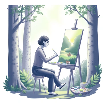 An illustrator is seated at a wooden easel in a forest setting. The scene features tall trees with textured bark, surrounded by lush green underbrush and ferns. Sunlight filters through the leaves, casting intricate shadows on the forest floor. The illustrator holds a paintbrush in one hand, poised above a canvas depicting the tranquil woodland landscape. The artist's palette rests nearby, showcasing a range of colors, including various shades of green and hints of yellow. Small details, such as a squirrel perched on a branch and a cluster of wildflowers at the artist's feet, add life to the scene.