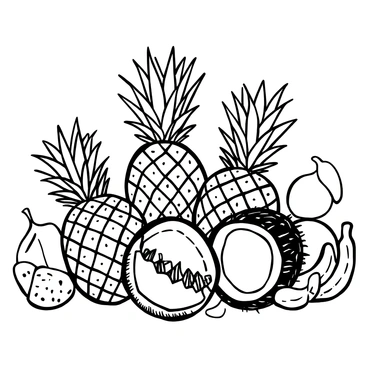 A collection of tropical fruits like pineapples and coconuts illustrated in fine lines.