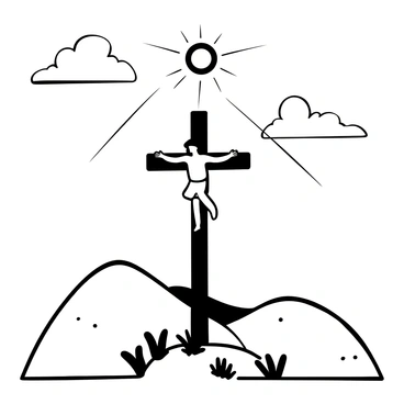 A cross standing tall with Jesus positioned on it, surrounded by a bright aura. Rays of sunlight are shining down from above, illuminating the scene. The ground beneath the cross is rugged and uneven, with small patches of grass. In the background, the silhouette of distant hills adds depth to the image. The sky above is expansive, with a few fluffy clouds partially obscuring the sun.