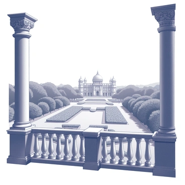 A palace balcony with ornate railings and intricate architectural details. The view reveals sprawling gardens below, filled with neatly arranged flower beds and lush greenery. In the distance, the grand structure of Bangalore Palace is visible, showcasing its distinctive turrets and expansive lawns. The sky above is clear, providing a bright backdrop to this majestic scene.