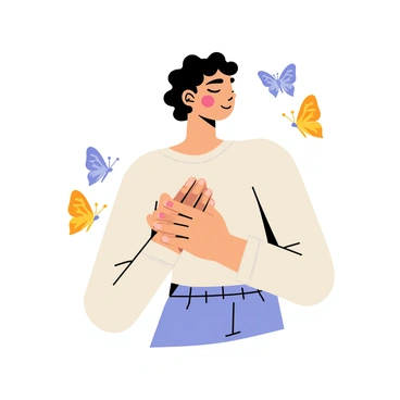 A person with closed eyes is peacefully holding their hands crossed on their chest. They have a serene expression on their face. Delicate butterflies in various colors, such as orange, blue, and yellow, are fluttering around them. The butterflies have intricate patterns on their wings, adding a sense of whimsy to the scene. The background features soft, muted tones to enhance the focus on the person and the butterflies. The overall composition suggests a moment of tranquility and connection with nature.