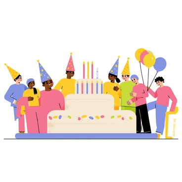 Peeps celebrating a birthday with balloons, cake, and party hats