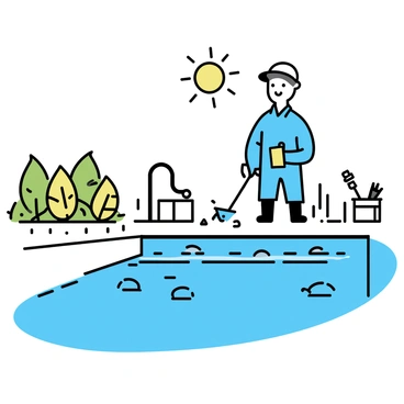 A pool maintenance worker cleaning the pool with a skimmer net and tools