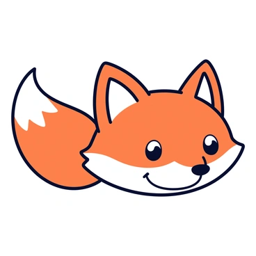 A cartoonish fox face with large, round ears and a bushy tail peeking from the side. The snout is short and broad, with a big smile revealing sharp teeth. Its eyes are oversized and bright, creating an expressive look. The fur is a vibrant orange with white highlights on the muzzle and under the eyes. The background is a simple, solid color to emphasize the fox's face.