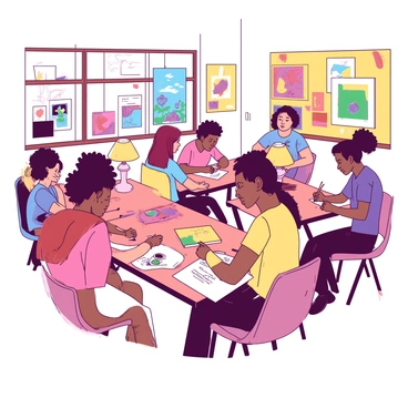 A group of diverse students is sitting at art tables in a classroom. Each student is focused on their individual illustrations, holding various drawing tools. Colorful papers and sketchbooks are scattered across the tables. Above each table, warm lamps emit a soft glow, illuminating the students' concentrated faces. The walls of the classroom are adorned with completed artwork, showcasing different styles and vibrant colors. The atmosphere is filled with creativity and collaboration as students occasionally glance at each other's work for inspiration.