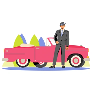 A man wearing a classic 1950s suit in a dark gray color with thin lapels is standing beside a vintage car. The car is a shiny red convertible with whitewall tires and chrome details, parked on a sunny street. The man has a fedora hat tilted slightly to one side. He gives a confident smile, with one hand resting on the car's door and the other in his pocket. The background features a few trees and a clear blue sky.