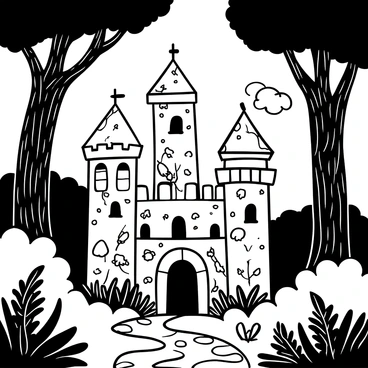 An ancient stone castle with tall, weathered walls stands amidst a dense, mystical forest. The castle features multiple towers topped with pointed roofs and narrow windows. Vines and moss cover the stony surface, indicating years of neglect. Surrounding the castle, thick trees with gnarled branches create a canopy overhead, their trunks wide and textured. Wisps of fog weave through the underbrush, adding a mysterious atmosphere. In the foreground, a winding path made of cobblestones leads towards the castle entrance, flanked by ferns and wildflowers.