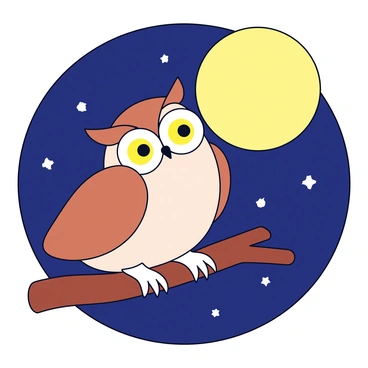 An owl with large, round yellow eyes is perched on a thick brown branch. The owl's feathers are a mix of brown and white, providing a camouflage effect against the bark. In the background, a large, bright full moon illuminates the scene, casting a gentle glow. The sky is a deep navy blue, dotted with small white stars. The owl is turned slightly, its head tilted as it gazes intently at the moon, creating a moment of calm and focus in the night.