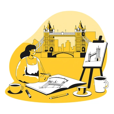 An artist is seated at a table outdoors, focused on sketching a detailed view of "London Bridge" in a sketchbook. The artist is using a pencil, carefully capturing the intricate architecture of the bridge, including its arches and support structures. The sketchbook rests open on the table, displaying the partially finished drawing. In the background, the outline of the city skyline is visible, with buildings and landmarks subtly hinted at. The artist's tools, including pencils and an eraser, are scattered around the table, while a coffee cup sits nearby, adding to the scene.