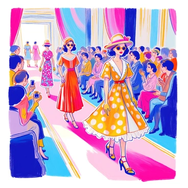 A vintage fashion show takes place on a runway. Several models showcase different retro dresses in vibrant colors and patterns. One model wears a polka-dotted dress with a flared skirt and cat-eye sunglasses, posing confidently. Another model features a floral print dress with a cinched waist and a wide-brimmed hat, gracefully walking down the runway. Accessories such as colorful gloves and chunky jewelry complement each outfit. The audience is filled with spectators admiring the fashion, with some taking photos. The setting includes stylish decor that enhances the vintage theme.