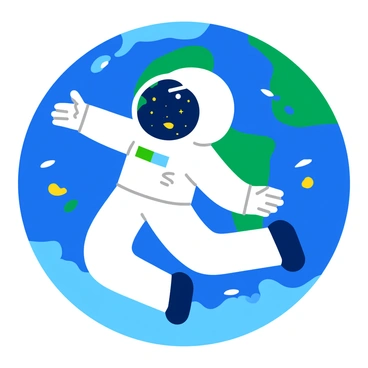 An astronaut in a white space suit is floating in the vastness of space. The Earth is visible in the background, captured through a fish-eye lens that accentuates the planet's curves and vibrant blue oceans. The astronaut's helmet reflects a starry sky dotted with bright stars. The helmet visor shows a slight sheen from the sunlight, adding a sense of depth to the scene. Around the astronaut, small particles of space dust gently drift, emphasizing the weightlessness of the environment.