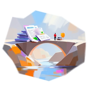 A bridge constructed from numerous SudLife policy documents spans across a chasm. On one side of the bridge, there is a pile of documents representing various financial goals, such as a house, a car, and a vacation fund. On the opposite side, there are images of a secure retirement and wealth accumulation, symbolizing completed financial aspirations. The bridge itself is detailed with text from the policy documents, and it appears sturdy, showcasing the connection between planning and achievement in finance. The overall atmosphere highlights the importance of structure and organization in reaching financial success.
