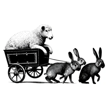 A fluffy sheep with a thick woolly coat is comfortably seated inside a small, ornate carriage. The carriage features intricate designs along its sides, showcasing detailed patterns and embellishments. A team of energetic rabbits, with long ears and alert expressions, is harnessed to the carriage, pulling it forward with enthusiasm. The rabbits are in various poses, some with their paws steady on the ground while others have their ears perked up, adding to the lively scene. The setting around them is simple, allowing focus on the delightful interaction between the sheep and the rabbits.