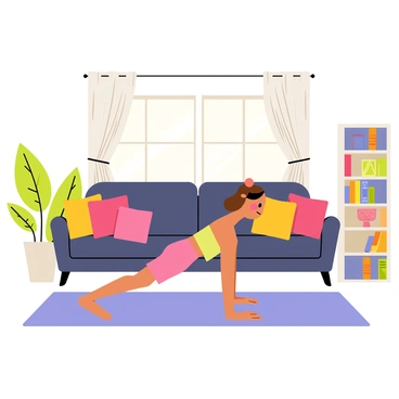 A cartoon girl with long brown hair is positioned in a "downward dog" yoga pose, with her hands and feet planted on a soft, colorful yoga mat. She is wearing a light pink workout outfit. The cozy living room is furnished with a plush, navy blue sofa adorned with colorful throw pillows. A tall indoor plant is placed in the corner of the room, next to a window with flowing white curtains. A small bookshelf filled with books and decorative items is visible in the background. Sunlight streams in through the window, creating a warm and inviting atmosphere.