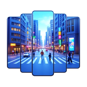 A vibrant cityscape filled with tall buildings, busy streets, and active pedestrians. The scene is viewed through the transparent screens of multiple 3D smartphones, each displaying dynamic information and graphics. The smartphones are arranged in different angles, showcasing their sleek designs and illuminated displays. Reflections of the city lights can be seen on the screens, enhancing the sense of depth and activity. The overall atmosphere conveys the energy and busyness of urban life.