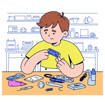 A young boy with short brown hair is focused on inventing a small gadget. He is seated at a wooden table cluttered with various tools and materials. Tools such as a screwdriver, pliers, and a small wrench are scattered around him, alongside bits of metal, wires, and circuit boards. Anakin has a determined expression on his face as he examines a tiny mechanical component in his hands, showcasing his creativity and engineering skills. The background features a simple workshop with shelves holding more tools and gadgets.