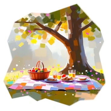 A simple picnic setup under a large tree in the heart of a forest