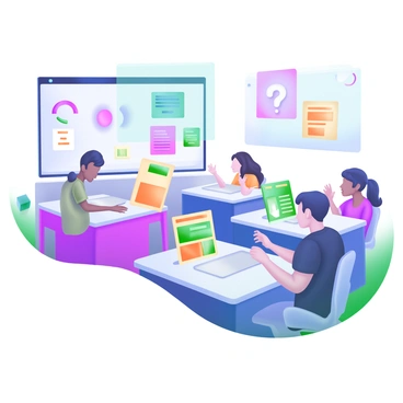 A futuristic classroom with sleek, curved desks and glowing screens. Students of diverse backgrounds are seated, actively participating in a holographic Q&A session. Above them, a large, floating holographic display shows a question mark and various icons representing different subjects. Each student is interacting with their own holographic interface, displaying vibrant graphics and information. Their expressions are focused and intrigued, with some students raising hands to ask questions. The classroom is brightly lit, with soft pastel colors predominating the furniture and walls, creating a modern and inviting atmosphere.
