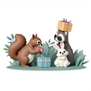 A fluffy brown squirrel, with a bushy tail, is standing on its hind legs, holding a tiny present wrapped in shiny red paper and tied with a green ribbon. Nearby, a small white bunny with long ears is sitting on the soft grass, cradling a little gift wrapped in blue paper adorned with silver bows. A playful raccoon, with its distinctive mask, is balancing a present covered in yellow wrapping and secured with a purple ribbon on its head. The lush green foliage surrounds them, with dappled sunlight filtering through the trees, casting soft shadows on the ground.