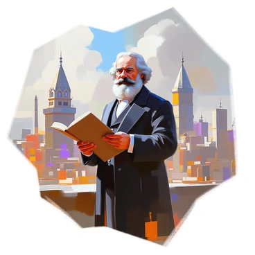 A historical figure resembling Karl Marx stands confidently, holding a copy of "Das Kapital" in his right hand. He has a beard and wears 19th-century attire, complete with a dark coat and waistcoat. Behind him, a dramatic cityscape features towering buildings with intricate architectural details, clouds rolling above the skyline, and hints of industrial elements such as smokestacks in the distance. The light casts deep shadows, emphasizing the intensity of the scene.