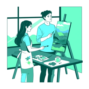 A teal couple is standing side by side in a sunlit studio, each holding a paintbrush. The woman has long hair tied back, wearing a white apron splattered with paint. The man is wearing a blue shirt and has a focused expression as he paints on the canvas. The canvas is mounted on an easel, displaying a colorful landscape. Around them, various paint tubes and brushes are scattered on a wooden table. Soft sunlight is streaming in through a large window, casting gentle shadows across the studio.