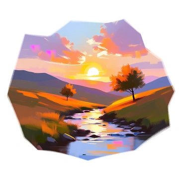A landscape showcasing rolling hills with varying shades of green and brown, bathed in the warm glow of a bright sunset. The sky is filled with vibrant hues of orange, pink, and purple as the sun sinks below the horizon. Fluffy clouds catch the sunset colors, creating a dynamic sky. In the foreground, a gentle stream meanders through the hills, reflecting the warm colors of the sky. A few trees dot the hillsides, their leaves rustling softly in the evening breeze. The overall scene conveys a tranquil yet lively atmosphere.