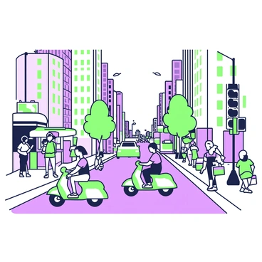 A busy city street with commuters on mopeds weaving through traffic