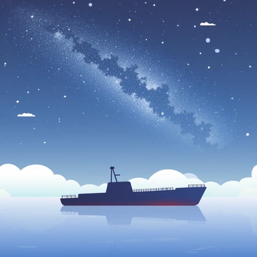 An oil barge is floating on calm water beneath a vast starry night sky. The Milky Way is prominently visible, stretching across the sky with countless stars twinkling in shades of white and blue. The barge is painted in dark colors, and its outline is silhouetted against the faint glow of the stars. The water reflects the shimmering light of the stars, creating a gentle ripple effect. A few clouds are scattered in the sky, allowing glimpses of the Milky Way's brilliance.
