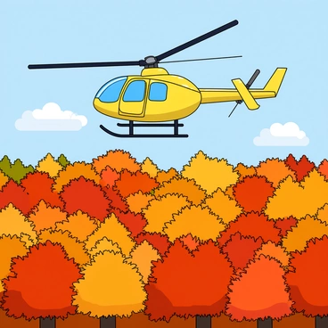 A bright yellow helicopter with a shiny surface is soaring high above a dense forest. The forest is filled with trees displaying vibrant autumn colors, featuring shades of red, orange, and gold. The leaves are thick on the branches, creating a colorful canopy below. Soft clouds are scattered in the blue sky, and the helicopter’s rotor blades are spinning rapidly as it flies. The sunlight casts a warm glow over the entire scene, highlighting the beauty of the autumn foliage beneath.