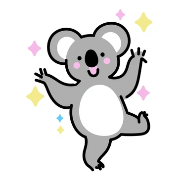 A joyful koala with gray fur and large ears is dancing on its hind legs, with its front paws lifted in the air. The koala has a wide smile on its face. Surrounding the koala are colorful, dancing lights in various shapes, creating a lively atmosphere. The lights are bright and vivid, illuminating the scene with a festive energy, enhancing the joyful expression of the koala as it dances.