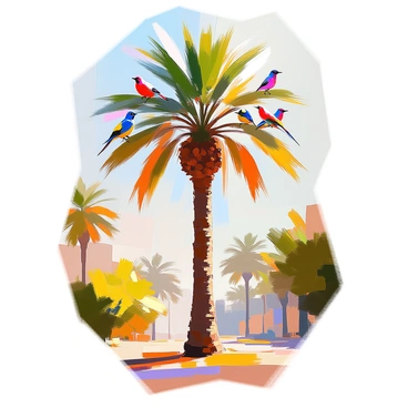 A group of colorful birds perched on the branches of a tall date palm tree. The tree is surrounded by a scenic grove with lush greenery and various other trees in the background. The sun is filtering through the leaves, creating a dappled light effect on the ground below. Some birds are singing while others are grooming their feathers, adding to the lively atmosphere. The date palm tree stands prominently, with its long, slender trunk and a crown of feathery fronds.