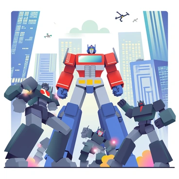 Optimus Prime, a large blue and red robotic figure, stands in a dynamic pose amidst an epic battle scene in a futuristic cityscape. His armor glistens under the bright lights of towering skyscrapers. Multiple Decepticons, featuring dark metallic bodies and sharp angles, are advancing from various directions, launching attacks with energy blasts. The backdrop shows a city filled with neon lights and high-tech buildings, with smoke rising from destroyed vehicles and debris scattered across the ground. In the sky, a few drones are flying, capturing the intense confrontation below. The atmosphere is charged with energy and tension, highlighting the fierce combat taking place.