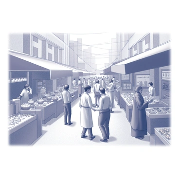 A vibrant marketplace filled with various vendors showcasing their goods and buyers engaging in lively exchanges. Stalls are lined up with colorful awnings, displaying an array of products such as fruits, vegetables, spices, and handcrafted items. People of different caste backgrounds are interacting, some haggling over prices while others sample food offerings. The atmosphere is filled with movement, as individuals navigate through the crowded space, creating dynamic interactions among the diverse crowd.