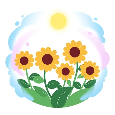 A vast field filled with tall sunflowers, their large yellow petals facing the bright sun overhead. The sunflowers stand upright, gently swaying back and forth in the soft breeze. The sky is a gradient of pastel colors, transitioning from light blue to soft pink. The scene captures the vibrant greenery of the sunflower stalks and leaves, creating a lively atmosphere. The sunlight casts a warm glow on the flowers, enhancing their bright colors.