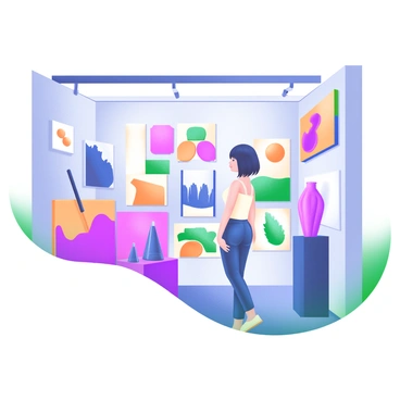 A person standing in a modern art gallery, admiring a diverse collection of artwork displayed on the walls. The person has short dark hair and is wearing a stylish outfit. The walls are adorned with various paintings and sculptures, featuring vibrant colors and abstract shapes. Some artworks include large canvases with bold brush strokes and intricate details, while others are smaller pieces with subtle textures. The gallery has bright lighting that highlights each piece, creating an engaging atmosphere.