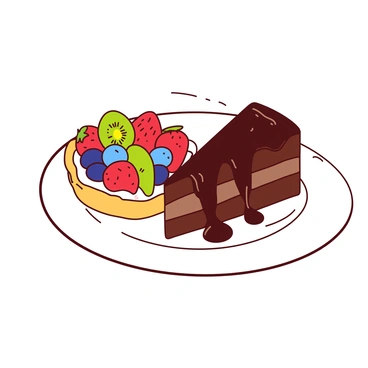 A white dessert plate features a half chocolate cake on one side and a half fruit tart on the other. The chocolate cake is rich and moist, with a glossy chocolate ganache dripping down its sides. On the left side, the fruit tart is decorated with a vibrant assortment of fresh fruits, including strawberries, blueberries, and kiwi, resting on a golden crust. The transition between the two halves is smooth, emphasizing the contrast between the dark, indulgent chocolate and the bright, colorful fruits.