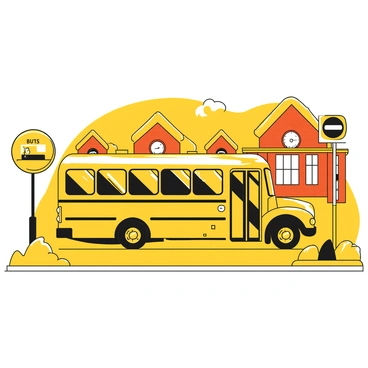 A yellow British school bus parked alongside a classic British bus stop sign. The bus has large windows and is equipped with a stop sign on its side. The bus stop sign features a recognizable design, standing tall with a clear indication of bus services. The road is empty, and there is a small patch of grass beside the bus stop. In the background, there are traditional red brick buildings, adding to the British charm of the scene. The sky is clear, allowing natural light to illuminate the bus and surroundings.