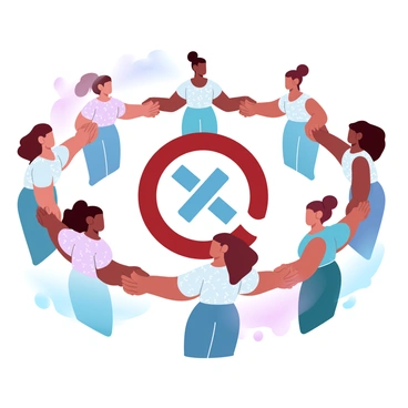 A group of women of various ethnicities is standing in a circle, each holding hands. They are dressed in a mix of colorful, patterned outfits, reflecting their diverse backgrounds. The women's stances are strong and confident, conveying a sense of unity. In the center of the circle, a large symbol representing solidarity is visible, surrounded by soft, gradient pastel colors that enhance the supportive atmosphere. The background features gentle swirls of color, adding to the uplifting ambiance of the gathering.