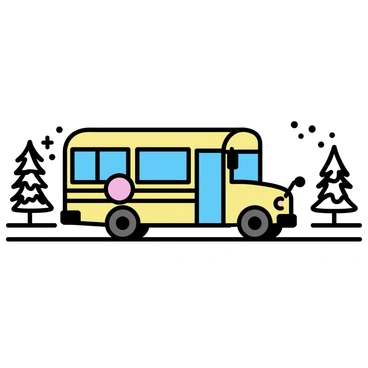 A yellow school bus is driving along a snowy road. The bus has large windows and a stop sign extended from the side. Snowflakes are falling gently from the sky, and the ground is covered in a thick layer of snow. Pine trees, dusted with white snow, line the sides of the road, creating a winter landscape. The morning light casts a soft glow over the scene, highlighting the bus's bright color against the white surroundings.
