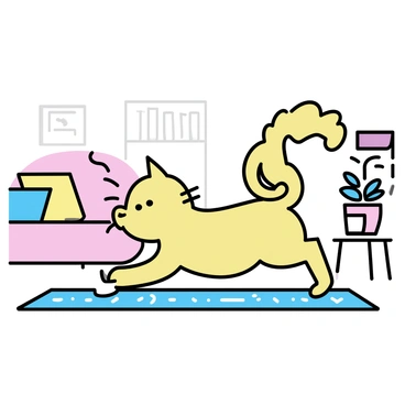A cartoon cat with a fluffy tail is performing the "thread-the-needle" stretch on a soft, patterned rug in a cozy living room. The cat is arching its back and extending its front paws forward, with its ears perked up. Surrounding the cat, there is a comfortable sofa with colorful cushions and a small wooden coffee table with a steaming mug on it. In the background, a bookshelf filled with books and a potted plant are visible, adding to the warm atmosphere of the room.