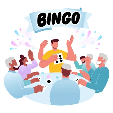 A volunteer is standing at a table, holding a bingo card and calling out numbers. The volunteer is wearing a bright, cheerful shirt and has a welcoming posture. Surrounding the table are several senior participants, each engaged and smiling as they mark their cards. Some participants are raising their hands in excitement, while others are leaning forward, focused on the game. In the background, colorful decorations and bingo supplies like chips and markers are visible, creating a lively atmosphere. A large banner that reads "BINGO" is hanging above them.