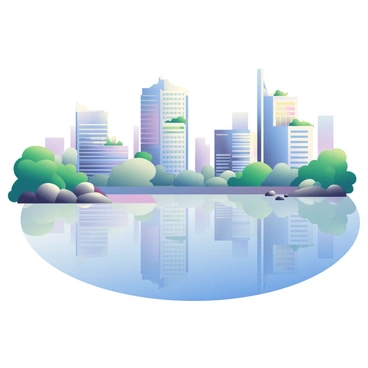 A calm lake is in the foreground, its surface smooth and glassy, reflecting a futuristic city skyline in the distance. The skyline consists of tall, sleek skyscrapers with varied geometric shapes, some featuring large, luminous windows and greenery on their balconies. The colors of the reflection in the water blend harmoniously with soft hues of blue and purple, suggesting a serene evening atmosphere. Surrounding the lake are lush green trees and small, smooth rocks along the shore, enhancing the natural beauty of the scene.