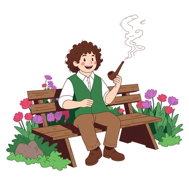 A hobbit leisurely blowing smoke rings from a pipe while sitting on a wooden bench